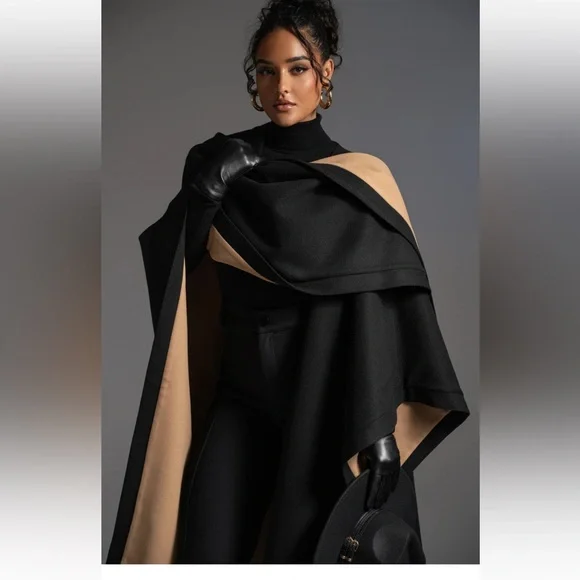 JLUXLABEL REVERSIBLE Tan and Black Women's Cape SHAWL/ COAT - Picture 3 of 16